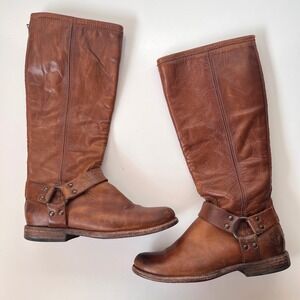 Frye Western Knee High Riding Boots Harness Tall Tan Brown Leather Size 6.5
